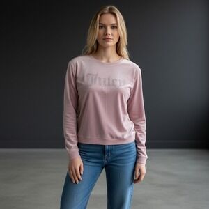 Juicy Couture Velour Pullover Sweater Pink‎ Rhinestone Logo Crewneck Size M Y2K